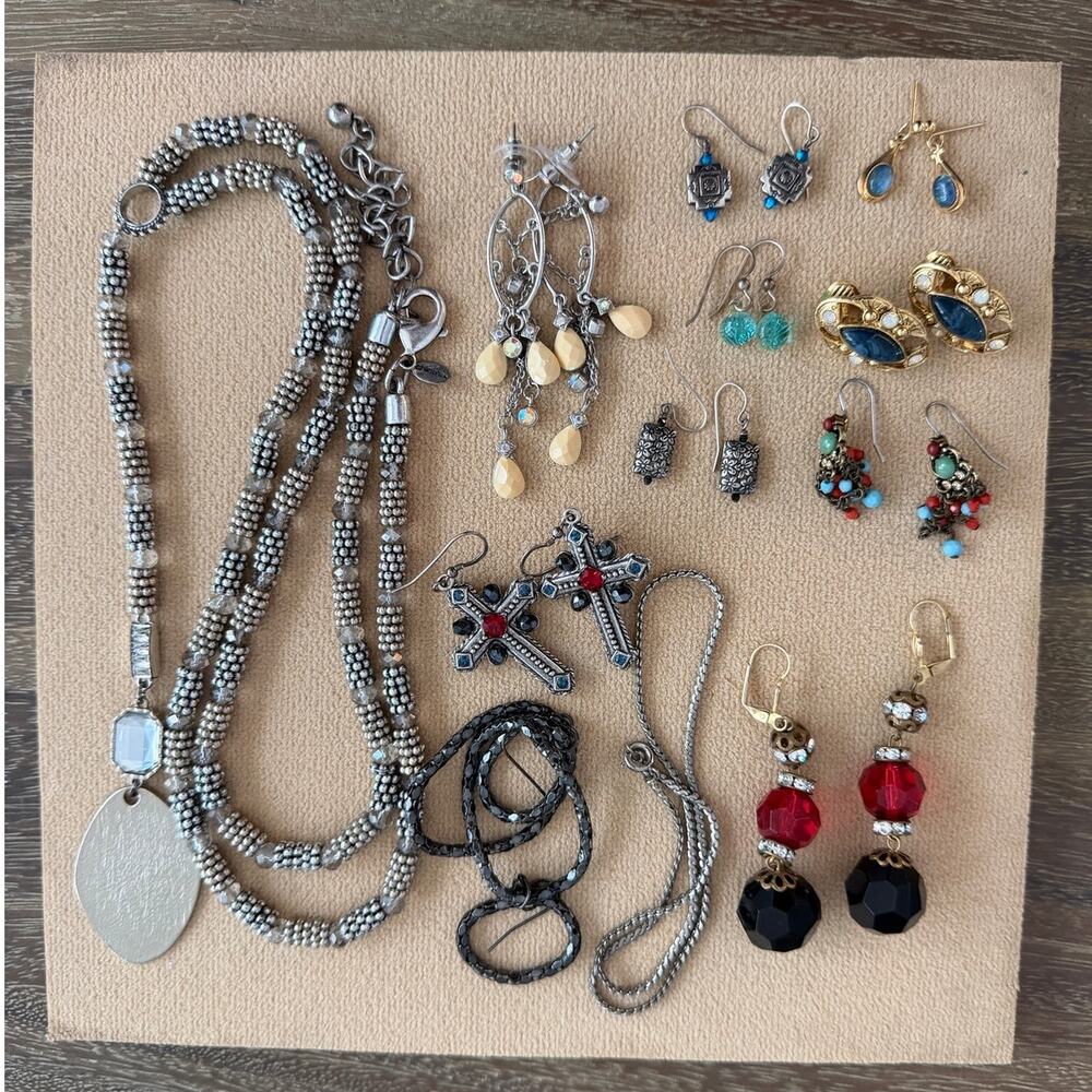 Chico's Silver Tone Beaded Statement Necklace Gothic Cross Drop Earring Lot C